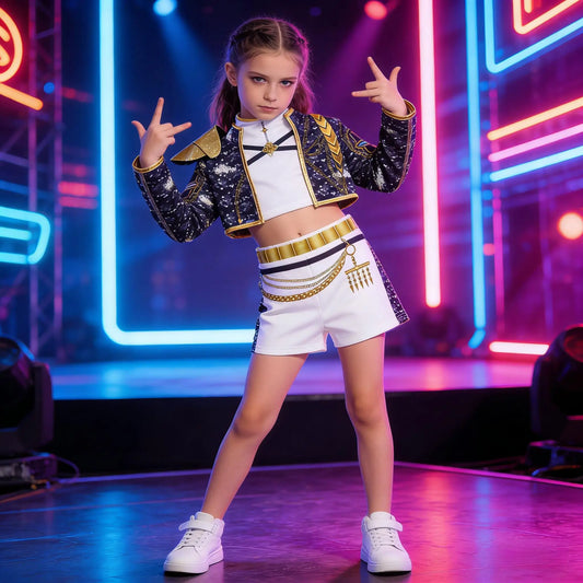 Girls K-Pop Dance Outfit with Black and Gold Jacket and White Top-and-Shorts Styling for Singing Competitions, Stage Shows and Costume Parties