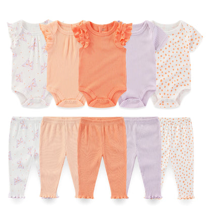 Baby Bodysuit and Pants Set, 10-Piece Kiddiezoom Infant Clothing Bundle with Short-Sleeve Tops for Boys and Girls, Sizes 3M-12M