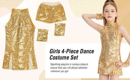Girls Sequin Jazz Dance Costume with Sleeveless A-Line Dress, Shorts, Socks and Wristbands, Sparkly Hip Hop Stage Outfit for Ages 4-12