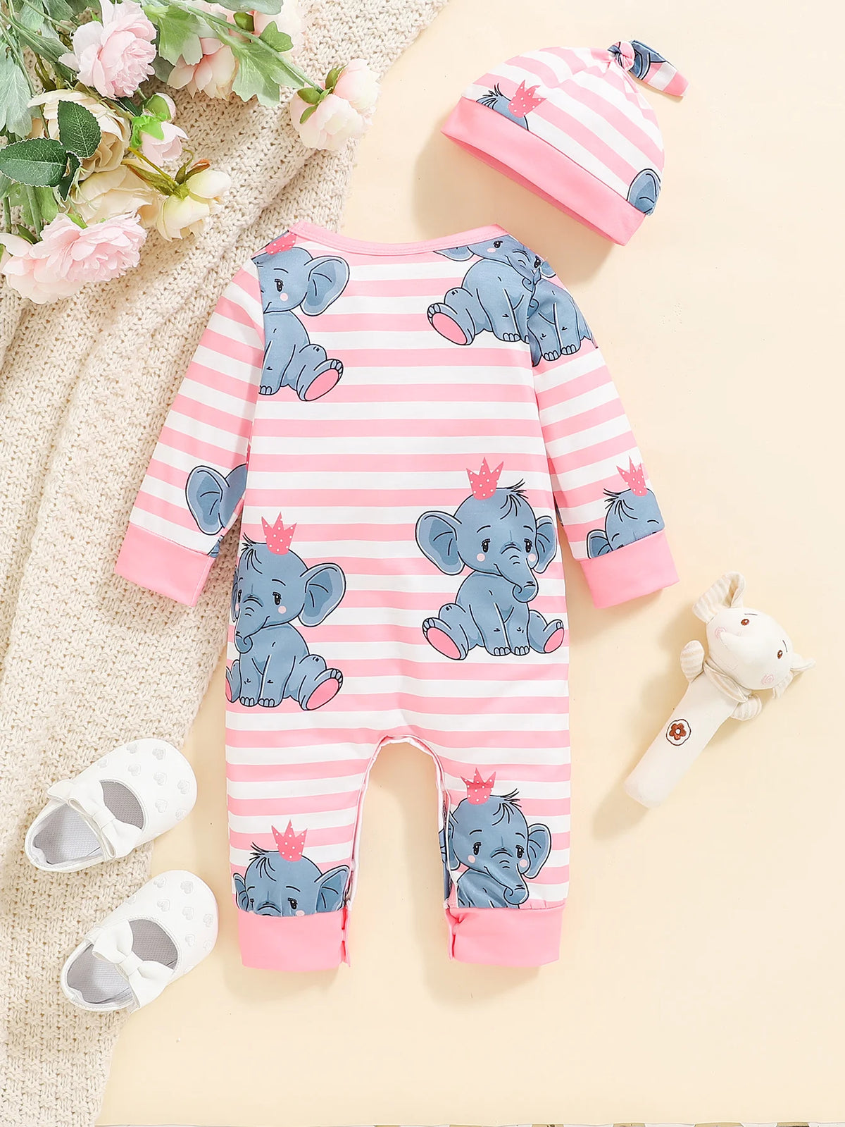 Bear Print Infant Romper with Long Sleeves and Front Fastenings, Contrast Trim and Footless Cuffs for Everyday Baby Outfits, Sizes 1-18 Months