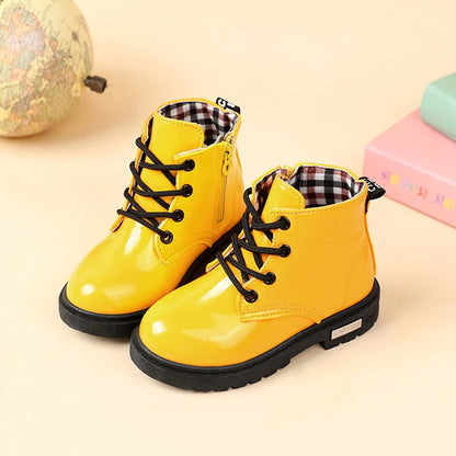 Lace-Up Kids Ankle Boots in PU Leather, Side-Zip Casual Shoes for Boys and Girls with Plush-Lined Options, Five Colors and Sizes 21-36