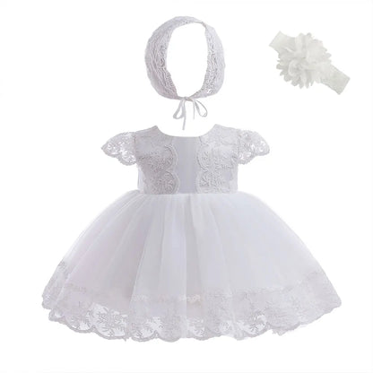 Baby Baptism Gown for Girls with Long Sleeves, Lace Details and Cotton Lining, Dress and Cap Set for Christening and First Birthday Photos