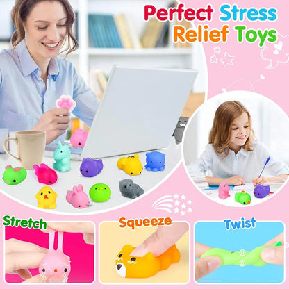 Mochi Squishy Party Favors, Mini Animal and Fruit Squeeze Fidget Toys in Random Assorted Packs for Birthday Goodie Bags and Classroom Prizes