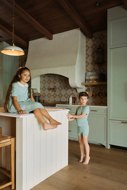 Sage Green Gingham Kids Outfits with Cotton Girls Dress and Baby Romper Options, Lyocell Knit Layers and Boys Separates for Sibling Family Photos