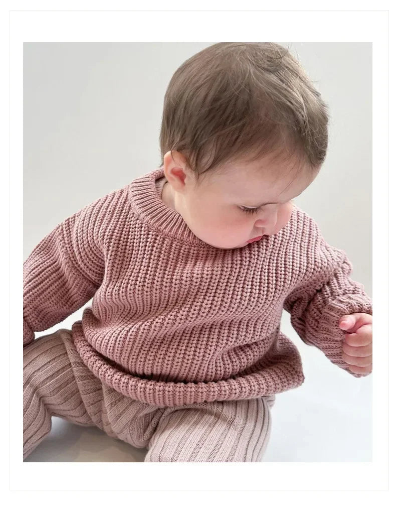 Cotton Crewneck Baby Sweater for Boys and Girls, Long Sleeve Ribbed Knit Pullover for Infants and Kids, Everyday Cool Weather Layering