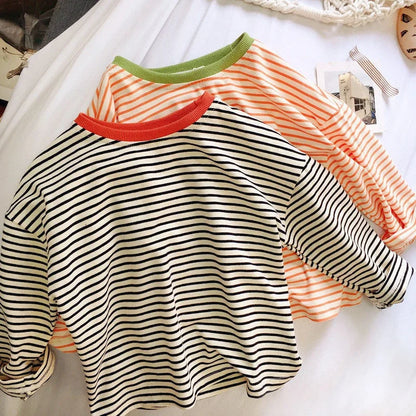 Toddler Striped Long Sleeve Shirt with Contrast Crewneck, Relaxed Fit Black or Orange Tee for Boys and Girls, Baby Sizes 9-12M to 5T