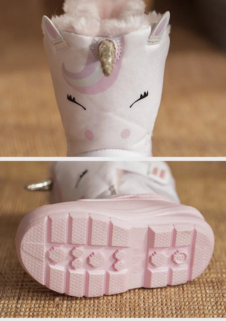 Kids Unicorn Winter Boots with Plush Trim, Gold-Tone Horn and Ear Details, Pink and White Fantasy-Themed Cold-Weather Footwear for Girls