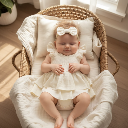 Tiered Baby Girl Romper Dress with Bow Headband, Smocked Cotton Blend Bodice and Flutter Straps, Solid Color Summer Outfit for 0-18 Months