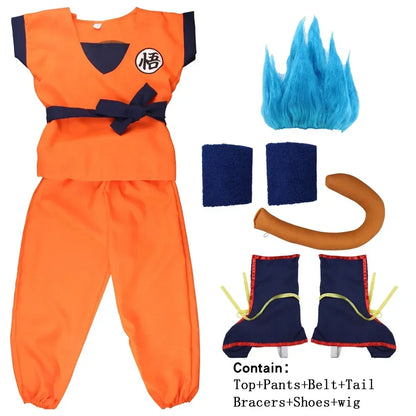 Orange Anime Gi Costume for Kids and Adults, Goku-Inspired Polyester Top and Pants with 5, 6 or 7-Piece Accessory Options for Halloween and Cosplay