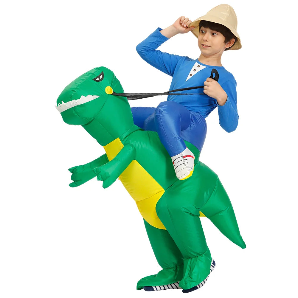Inflatable Dinosaur Costume for Kids, Ride-On Style Dress-Up Outfit with Fan for Halloween, Birthday Parties and Holiday Cosplay