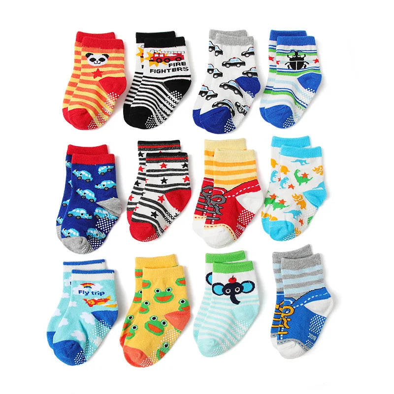 Cotton-Rich Baby Non-Slip Socks 12-Pair Pack, Crew Grip Socks with Ribbed Cuffs and Stretch Fit for Infant and Toddler Boys and Girls