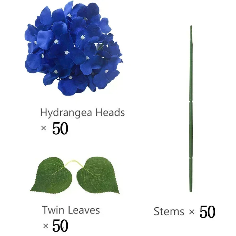 Artificial Hydrangea Flower Heads, 50-Piece Silk-Fabric Floral Set with Stem or Leaf Options for DIY Wedding Centerpieces, Baby Showers and Home Decor