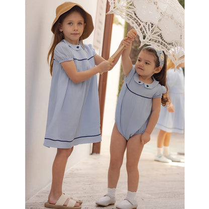 Light Blue Sibling Matching Outfits with Cotton Girls Collared Dresses, Baby Rompers and Boys Plaid Sets, Lyocell Knit Tops and White Separates