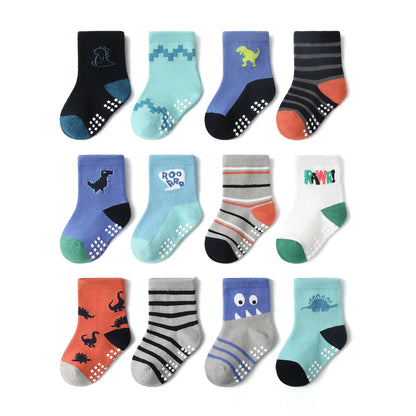 Cotton-Rich Baby Non-Slip Socks 12-Pair Pack, Crew Grip Socks with Ribbed Cuffs and Stretch Fit for Infant and Toddler Boys and Girls