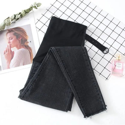 Maternity Denim Jeans with Over-Belly Panel, Blue Pregnancy Pants with Frayed Hem Styling, M-2XL Options for Everyday Casual Outfits
