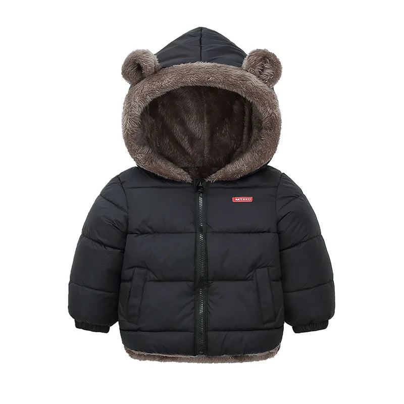 Toddler Bear Ear Hooded Jacket with Plush-Look Lining and Quilted Zip-Up Design, Kids Winter Outerwear for Boys and Girls in Sizes 24M-6T