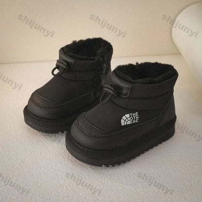 Plush-Lined Kids Snow Boots with Side Zippers and Chunky Platform Soles, Boys and Girls Winter Ankle Boots in Pink, Black and Ivory