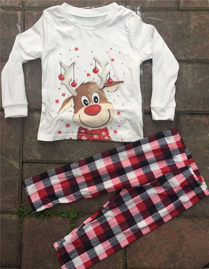 Reindeer Family Matching Pajamas with White Long Sleeve Tops and Red Black Plaid Pants, Christmas Outfits for Mom, Dad, Kids and Baby Size Options