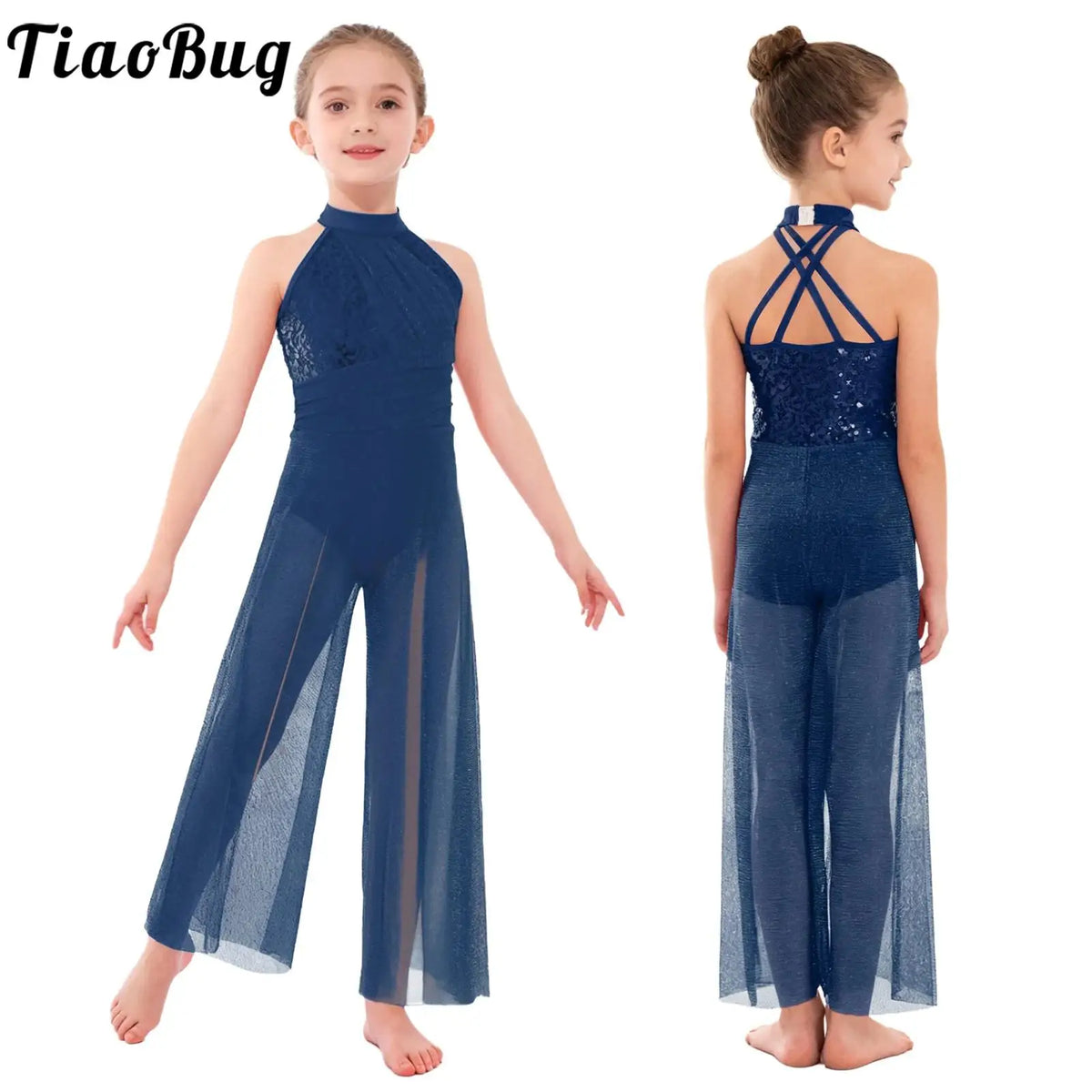 Girls Sequin Dance Jumpsuit with Split Wide-Leg Mesh, Sleeveless Mock Neck and Crisscross Back for Lyrical Recitals and Stage Performances
