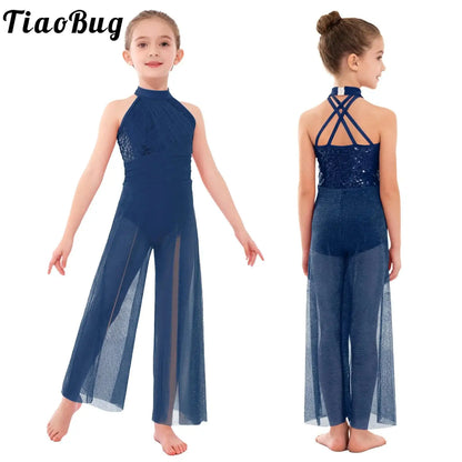Girls Sequin Dance Jumpsuit with Split Wide-Leg Mesh, Sleeveless Mock Neck and Crisscross Back for Lyrical Recitals and Stage Performances