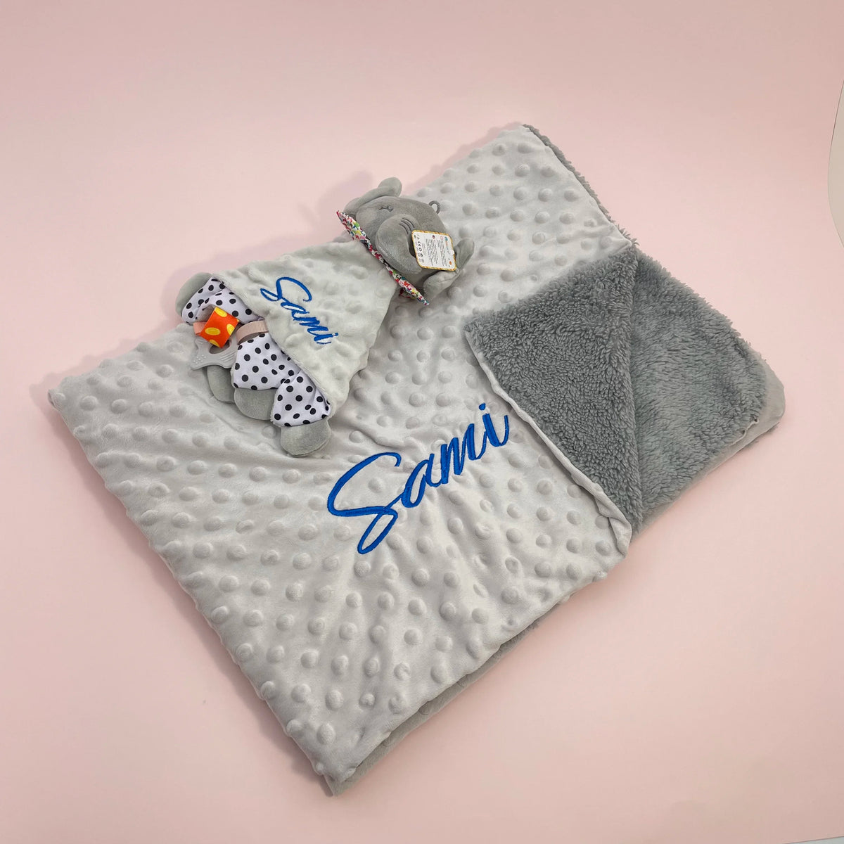Embroidered Name Baby Blanket and Animal Comforter Options, Personalized Minky Bubble-Texture Keepsake with Single-Item and Two-Piece Gift Choices