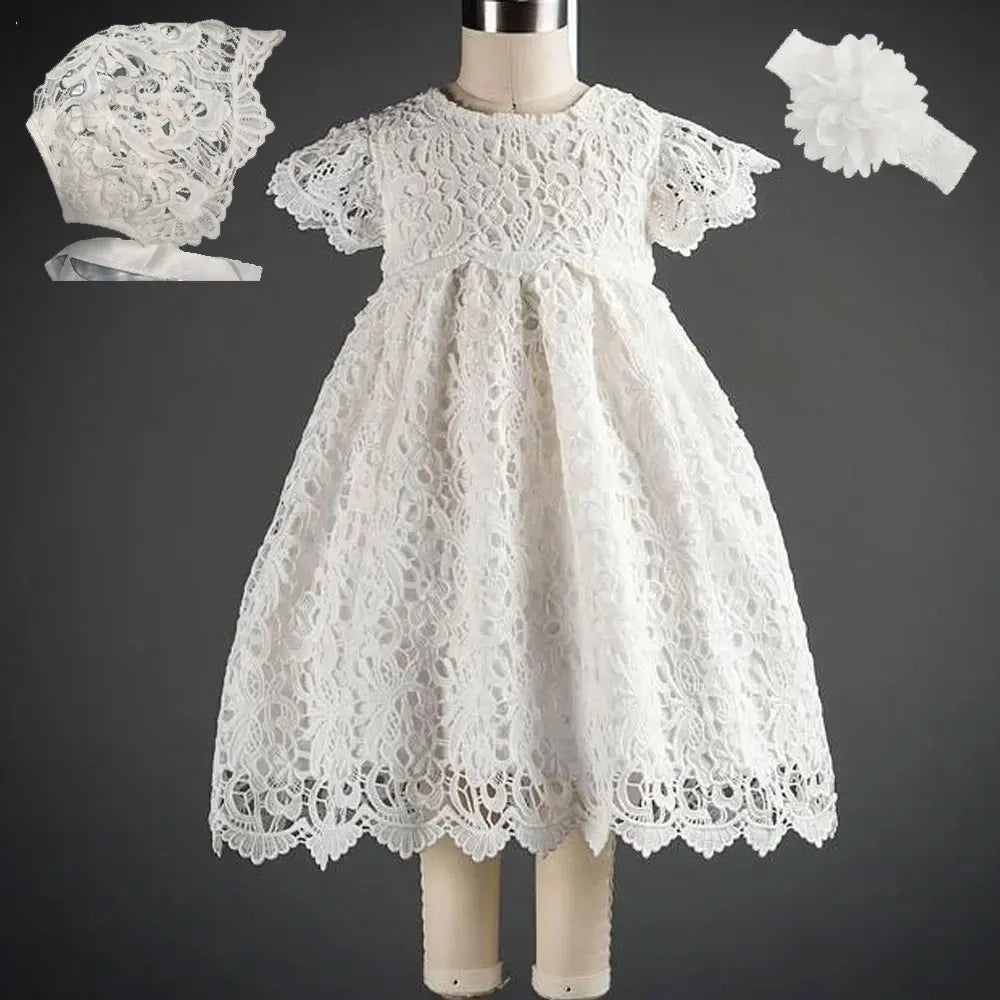 Baby Baptism Gown for Girls with Long Sleeves, Lace Details and Cotton Lining, Dress and Cap Set for Christening and First Birthday Photos