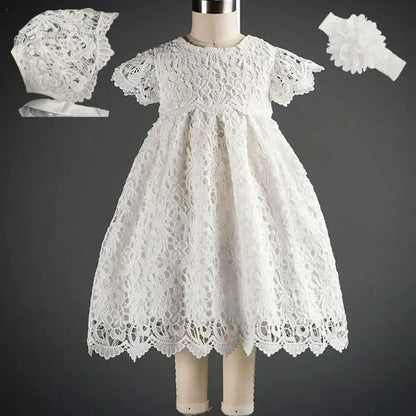 Baby Baptism Gown for Girls with Long Sleeves, Lace Details and Cotton Lining, Dress and Cap Set for Christening and First Birthday Photos