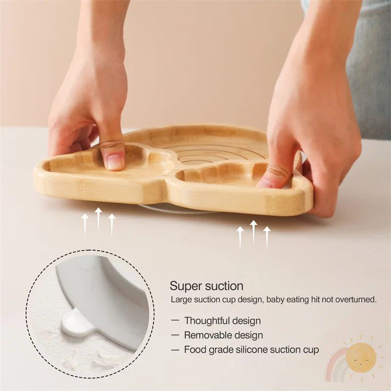 Bamboo Baby Suction Bowl and Tableware Options, Sun, Cloud and Dinosaur Designs with Single-Piece or 3-Piece Wooden-Handle Utensil Sets