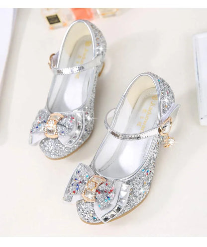 Bow-Accent Glitter Mary Jane Shoes for Girls with Buckled Strap and Block Heel, Sparkling Princess Dress Shoes for Parties and Weddings