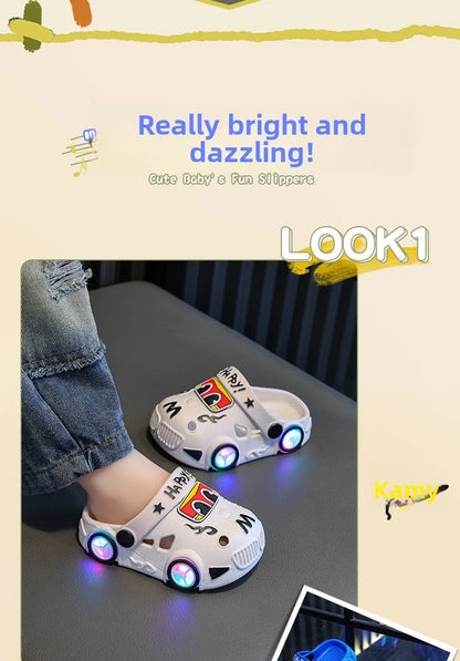 Kids Light-Up Car Clogs with Glowing Wheel Details, Ventilated Closed-Toe Design and Pivoting Heel Strap for Playful Summer Casual Outfits