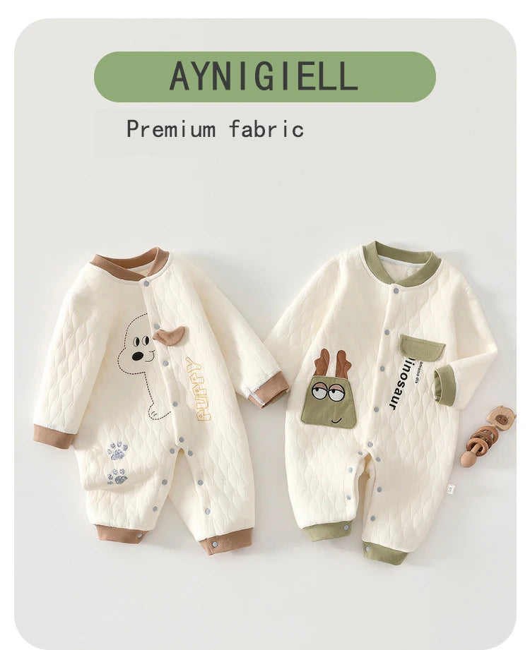 Quilted Baby Snap-Front Romper with Cartoon Dog or Dinosaur Details, Long Sleeve Footless Jumpsuit with Contrast Cuffs for Infant Everyday Outfits