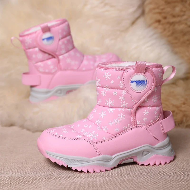 Snowflake Print Kids Winter Boots with Padded Shafts, Pull Tabs and Chunky Tread Soles, Pink Snow-Style Footwear for Boys and Girls