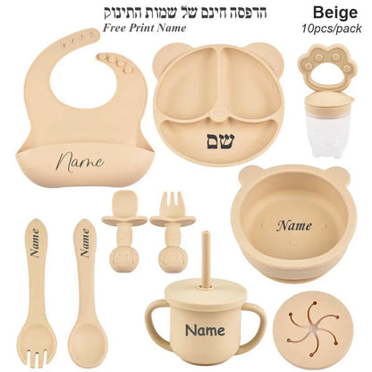 Ten-Piece Personalized Baby Feeding Set with Panda Divided Plate, Suction Bowl, Pocket Bib, Straw Cup and Utensils in Nine Color Options