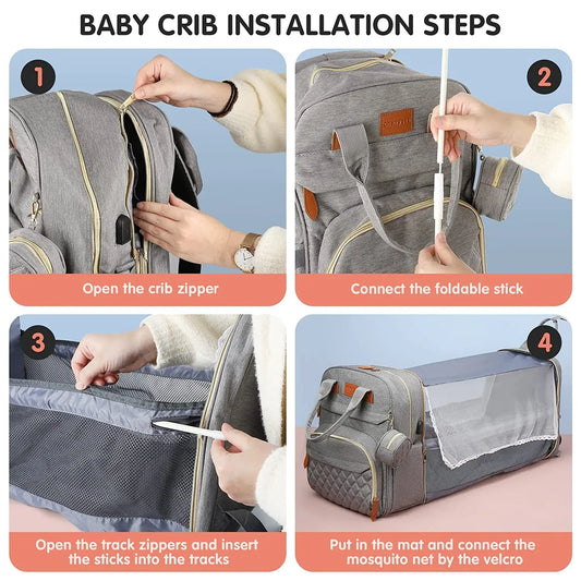 Diaper Backpack with USB Port and Fold-Out Changing Station, Type 1 and Type 3 Baby Essentials Bag with Organized Storage for Moms and Dads