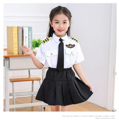 Kids Pilot Costume for Boys and Girls, Airline Captain Uniform-Style Outfit with Short Sleeve Shirt Styling for Career Day and Halloween
