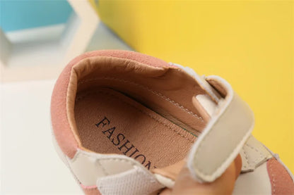 Toddler Microfiber Leather Sneakers with Hook-and-Loop Strap and Colorblock Trim, DIMI Baby Boys and Girls Casual Shoes in Blue Brown or Pink