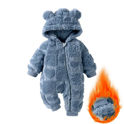 Baby Hooded Winter Romper with Long Sleeves and Cartoon Design, Cozy One-Piece Outfit for Infant Boys and Girls in Sizes 0 to 18 Months