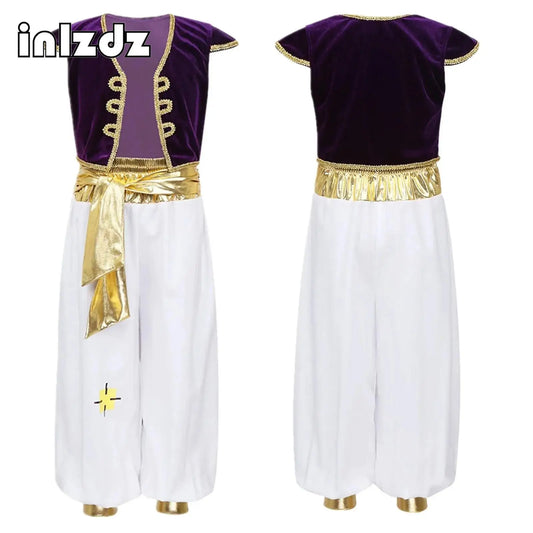 Boys Prince Dress-Up Costume with Gold-Trim Waistcoat and Belted Pants, Two-Piece Outfit for Halloween, Carnival and Fantasy Role Play