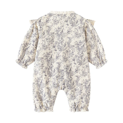 Baby Girl Jumpsuit and Hat Set with Ink-Style Print and Ruffled Yoke, Long Sleeve Cotton Outfit for Spring, Fall and Family Photos, Sizes 59-90