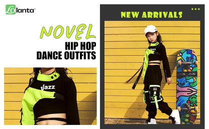Girls Hip Hop Cargo Pants Dance Set with Crop Top and Decorative Sleeve, Three-Piece Colorblock Stage Outfit for Ages 4–16 by LOLANTA