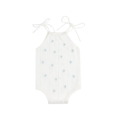 Sleeveless Baby Girl Bodysuit with Floral Cotton Knit and Tie Shoulders, White Openwork Summer One-Piece Outfit for Family Photos, 0-24M