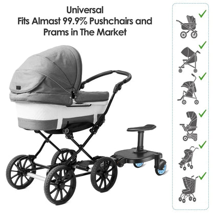 Second Child Stroller Board with Removable Seat, Sit-and-Stand Ride Along Platform in Black, Blue or Pink with Single or Double Wheel Options