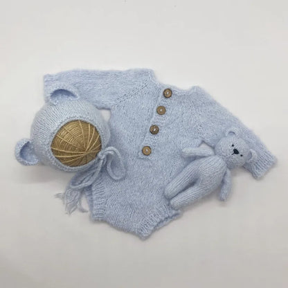 Newborn Bear Photography Outfit with Long Sleeve Knitted Romper and Bear Ear Bonnet, Optional Knit Toy for Baby Boys and Girls Portrait Sessions