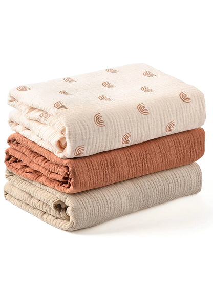 3-Piece Muslin Receiving Blanket Set for Newborn Care, Soft Breathable Baby Wraps with Printed and Solid Design Options in 120 x 100 or 80 x 65 cm