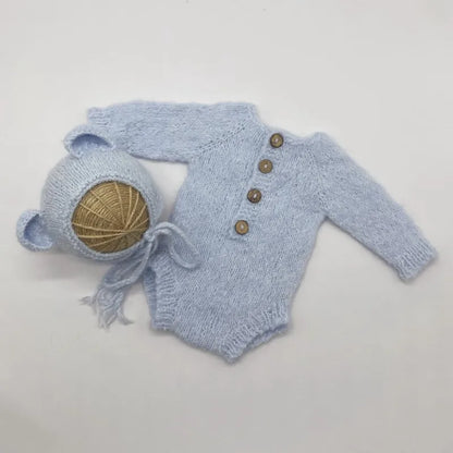Newborn Bear Photography Outfit with Long Sleeve Knitted Romper and Bear Ear Bonnet, Optional Knit Toy for Baby Boys and Girls Portrait Sessions