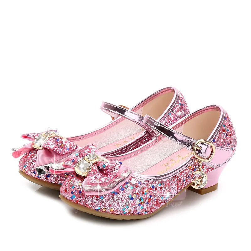 Bow-Accent Glitter Mary Jane Shoes for Girls with Buckled Strap and Block Heel, Sparkling Princess Dress Shoes for Parties and Weddings