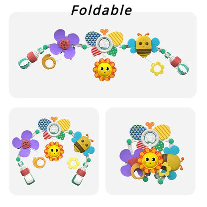 Stroller Activity Toy Arch with Colorful Hanging Play Details, Ocean or Bee Theme Clip-On Baby Play Bar for Supervised Sensory Exploration