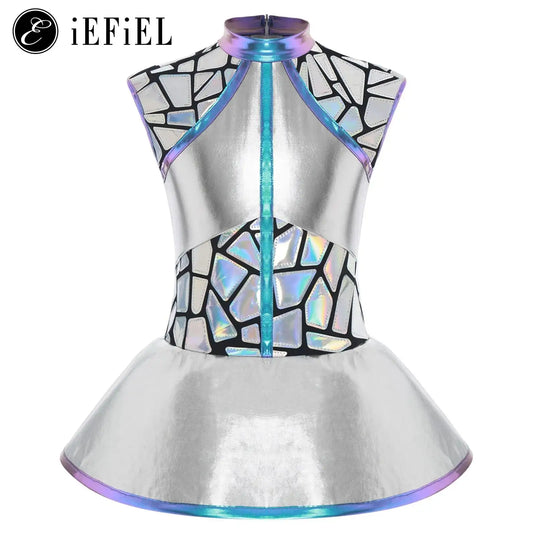 Girls Alien Costume Dress with Shiny Metallic Finish, Sleeveless A-Line Skirt and Back Zipper for Halloween, Space Cosplay and Dance Parties
