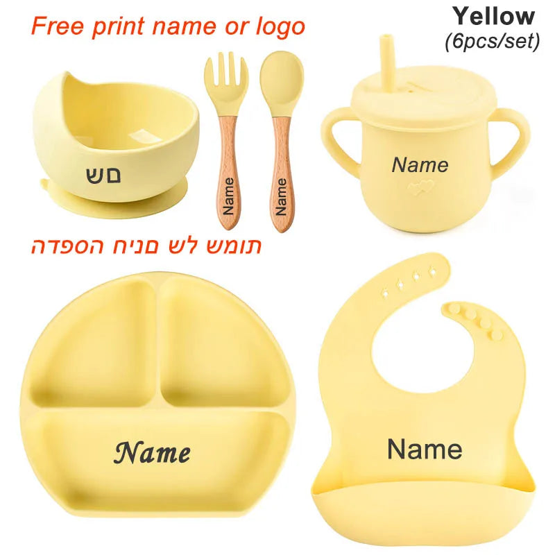Personalized Baby Feeding Set with Silicone Suction Plate, Bowl, Spoon and Fork, 4-Piece or 6-Piece Tableware Options for Supervised Mealtimes