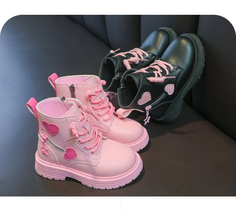 Girls Heart Ankle Boots with Lace-Up Front, Side Zipper and Star Accents, Pink or Black Fashion Shoes with Optional Plush Lining, Sizes 26–37